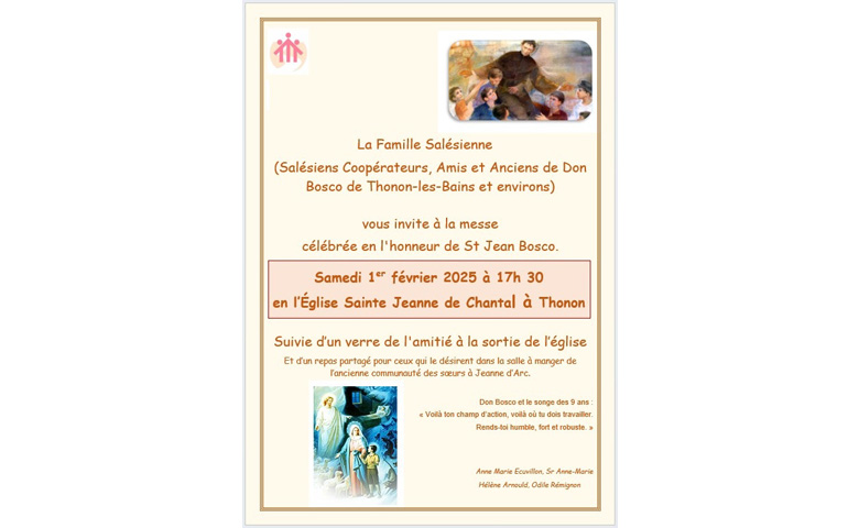 La Famille Salésienne invitée à fêter St Jean Bosco à Thonon